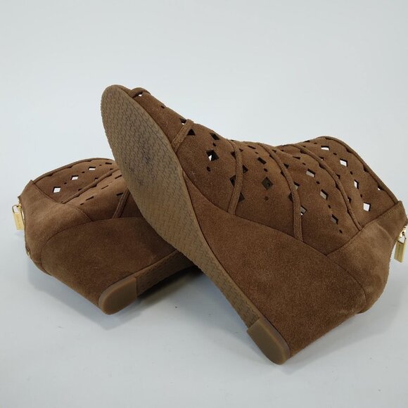 Michael Michael Kors Uma Brown Suede Wedge Peep Toe Ankle Boots Size 10M - Picture 10 of 13